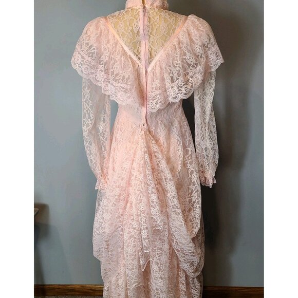 Vintage 70s Victorian Cottagecore Pink Lace Flounce Sleeve Prairie Maxi Dress S - Picture 13 of 16